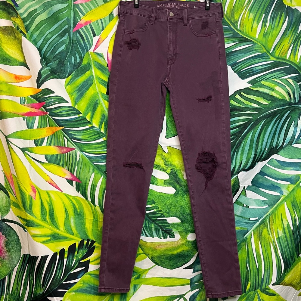 American Eagle 6L Plum Dark Purple Diatressed Next Level Stretch Skinny Jeans